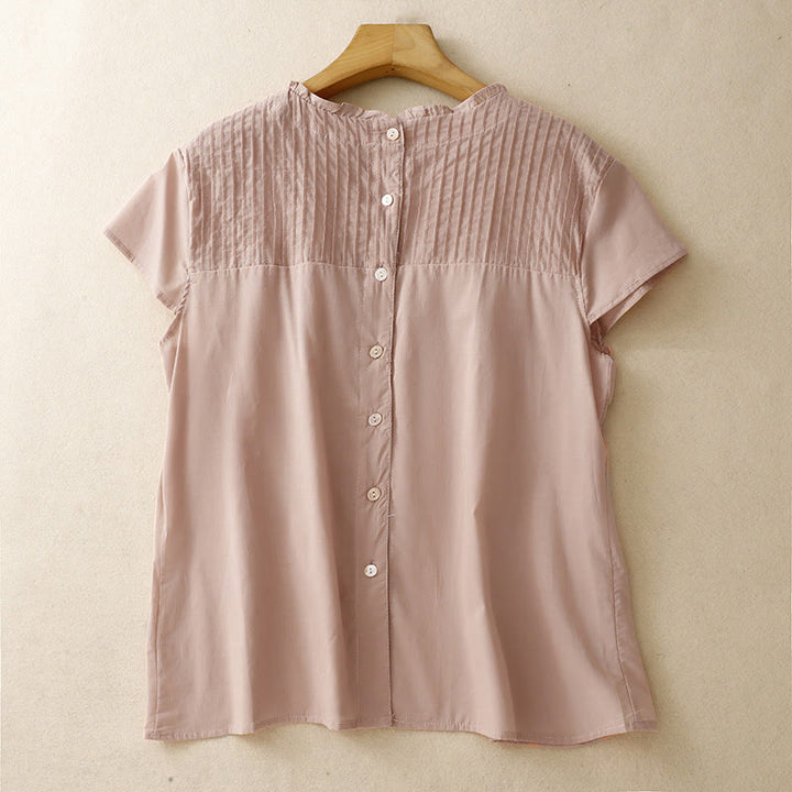 Buddha Stones Sommer Reine Farbe Rüschen Plissee Design Damen Baumwolle Kurzarm Shirt - DarkSalmon - US12， UK/AU16，EU44 (2XL) - image 1