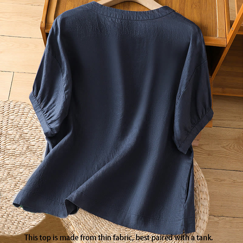 Buddha Stones Damen-T-Shirt aus Baumwolle mit halben Ärmeln und Blumenstickerei - image 2