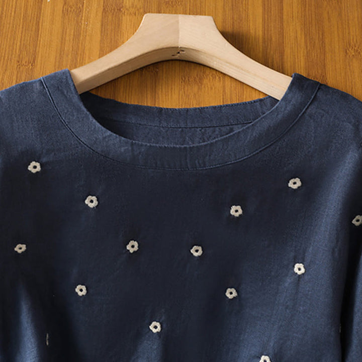 Buddha Stones Damen-T-Shirt aus Baumwolle mit halben Ärmeln und Blumenstickerei - image 3
