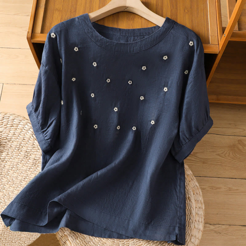 Buddha Stones Damen-T-Shirt aus Baumwolle mit halben Ärmeln und Blumenstickerei - Mitternachtsblau - US14， UK/AU18，EU46 (2XL) - image 1
