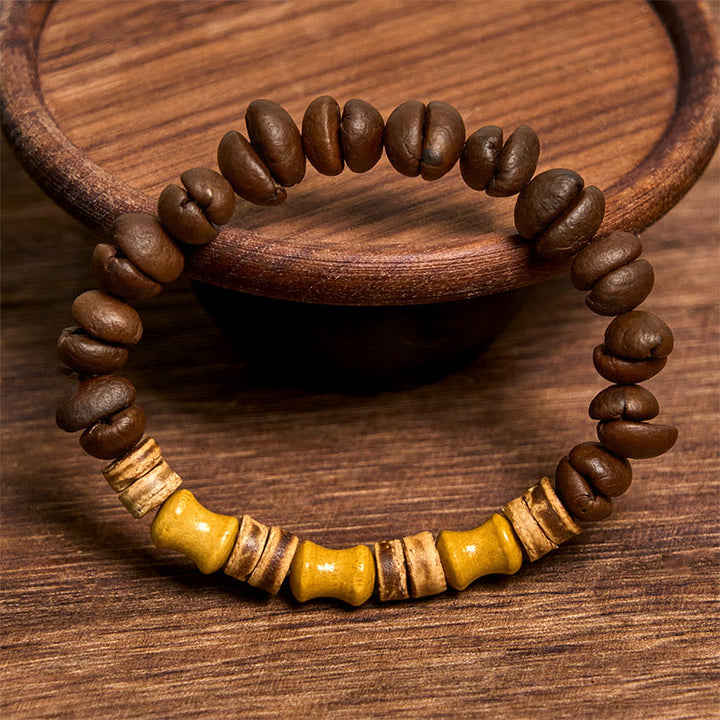 Buddha Stones Handgemachtes natürliches Kaffeebohnen-Kokosnussschalen-Bambus-Jade-Positives Armband - image 2