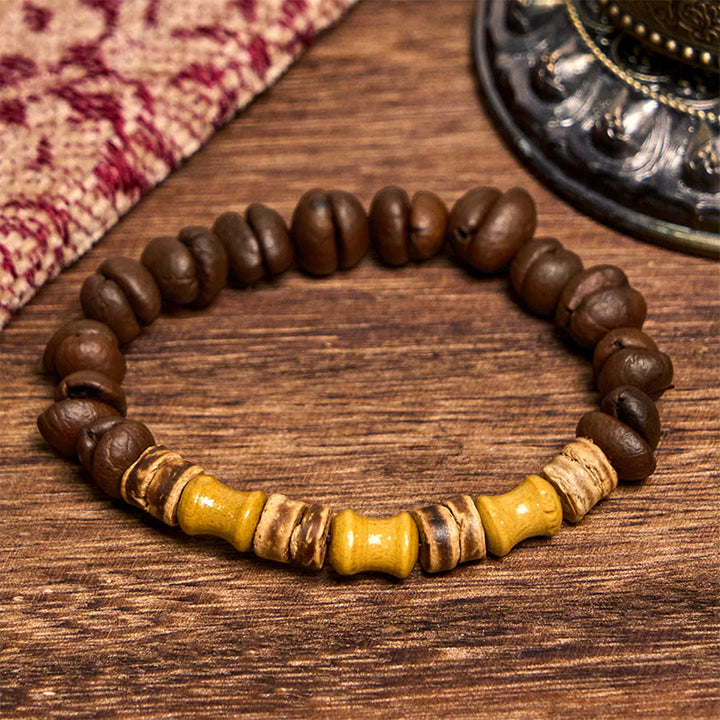 Buddha Stones Handgemachtes natürliches Kaffeebohnen-Kokosnussschalen-Bambus-Jade-Positives Armband - image 3