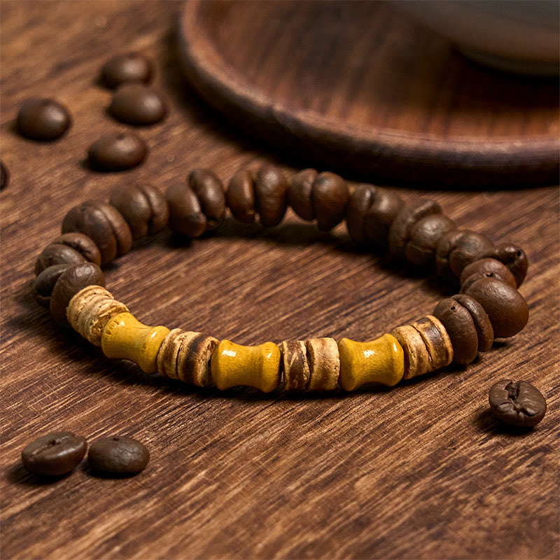 Buddha Stones Handgemachtes natürliches Kaffeebohnen-Kokosnussschalen-Bambus-Jade-Positives Armband - Kaffeebohnen (Handgelenkumfang 14–17 cm) - image 1