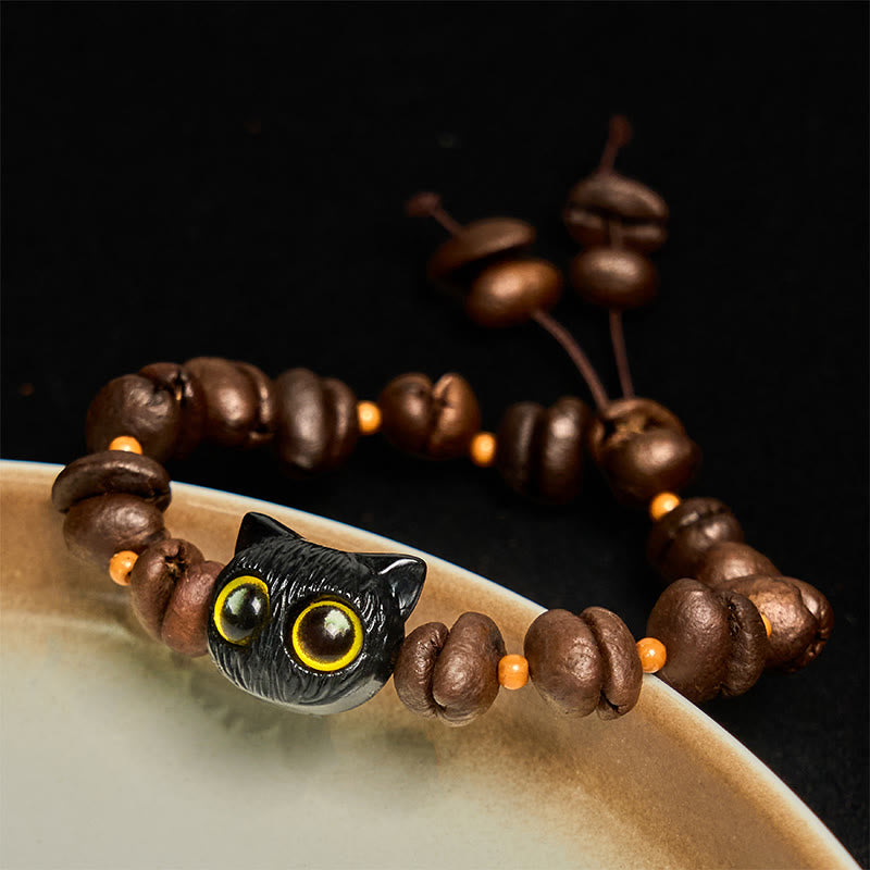 Buddha Stones, handgefertigt, natürliche Kaffeebohnen, Katzenkopf, Bodhi-Samen, Kralle, Pfote, Friedensarmband - Schwarzer Katzenkopf (Handgelenkumfang 14–17 cm) - image 1