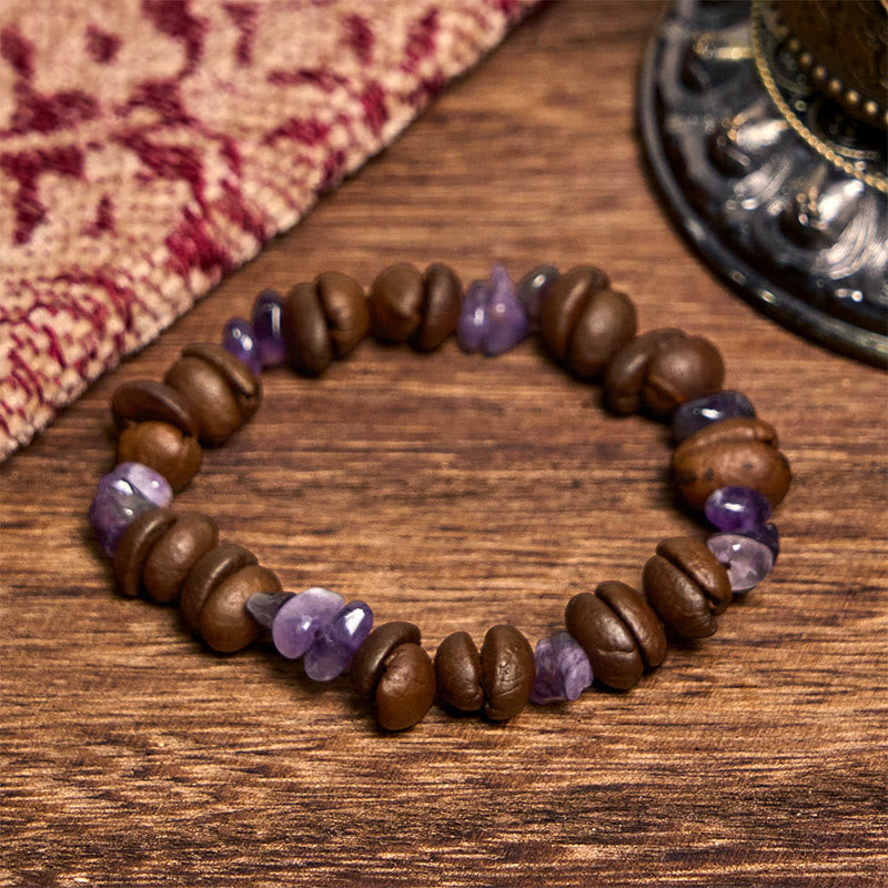 Buddha Stones Handgemachtes Armband aus natürlichen Kaffeebohnen, Amethyst, Citrin, Amazonit und unregelmäßigem Kristall - Amethyst-Kaffeebohnen (Handgelenkumfang 14–17 cm) - image 1