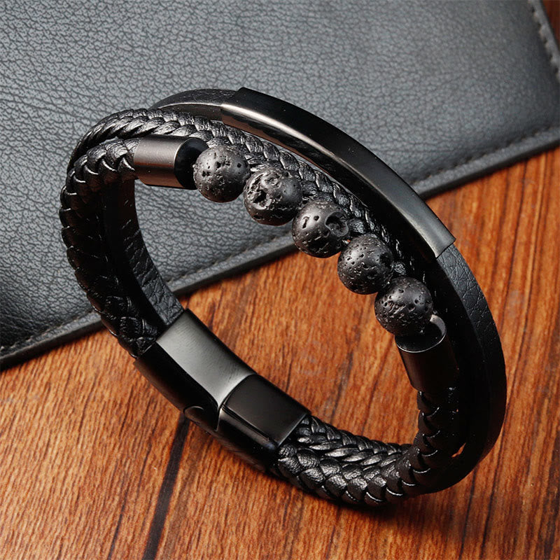 Buddha Stones Leder Titan Stahl Lava Rock Stärkung Schnalle Armband - Schwarz (Umfang: 21 cm) - image 1
