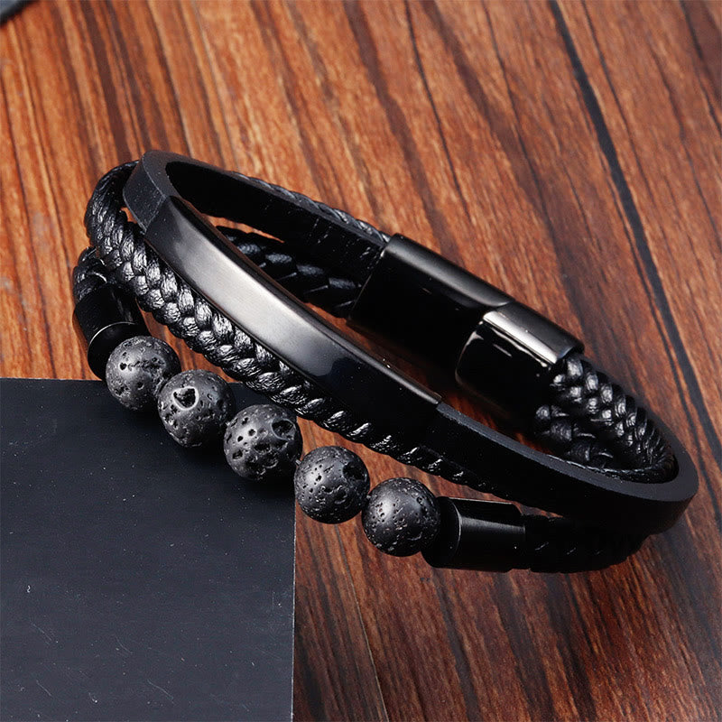 Buddha Stones Leder Titan Stahl Lava Rock Stärkung Schnalle Armband - image 2