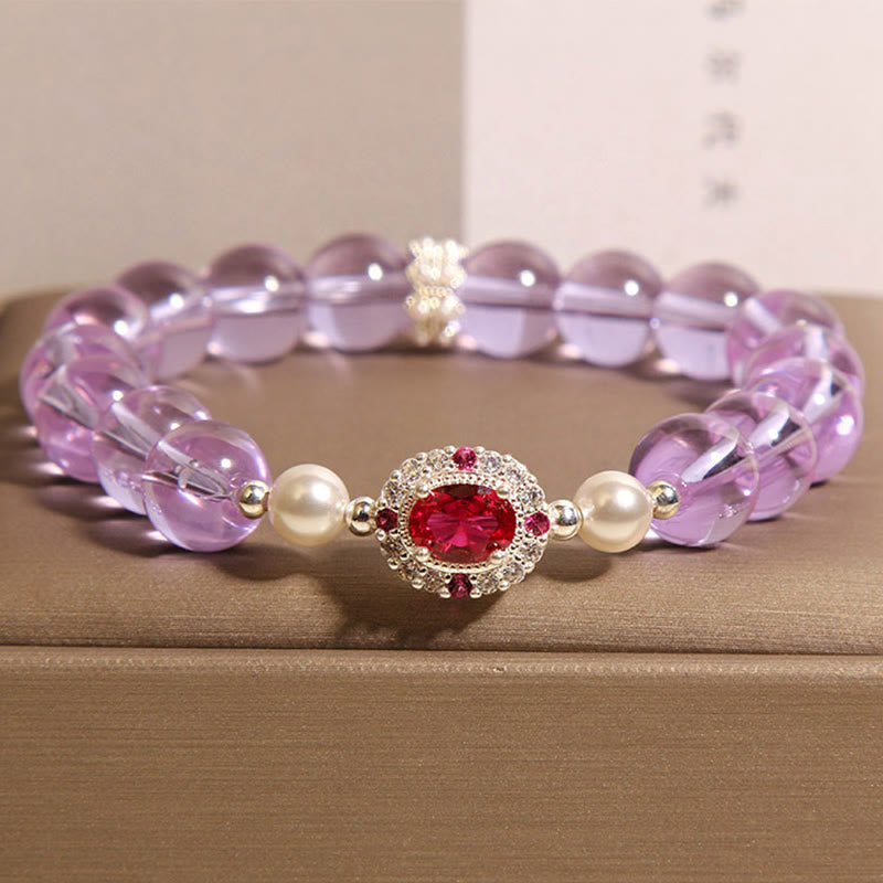 Buddha Stones Natürliches Amethyst-Perlen-Rot-Zirkon-Balance-Armband - Amethyst (Handgelenkumfang: 15–19 cm) - image 1
