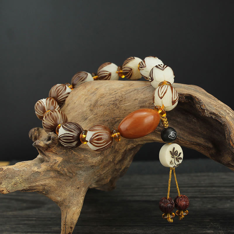 Buddha Stones Tibetisches Mala-Armband mit weißem Bodhi-Samen - Bodhi-Samen und Olivenkern (Handgelenkumfang: 16–18 cm) - image 1