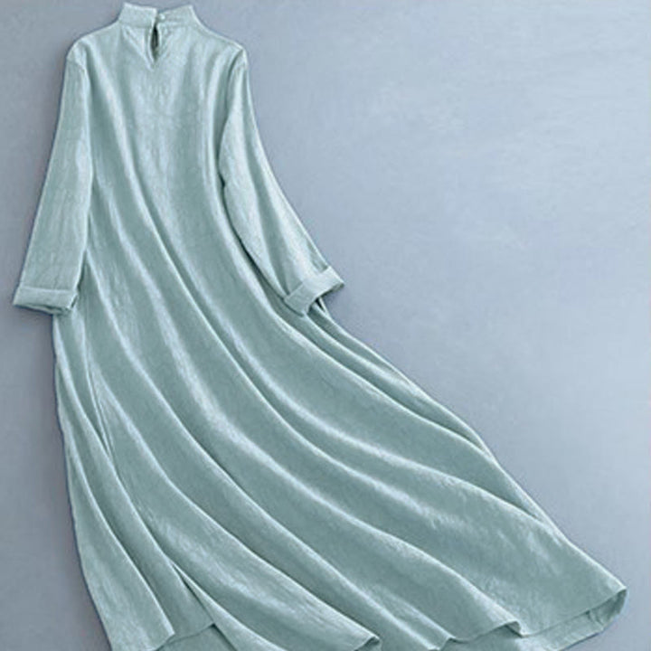 Buddha Stones Frühlings-Midikleid aus Baumwolle und Leinen mit einfarbigem Froschknopf-Design und seitlicher Schnürung - image 14
