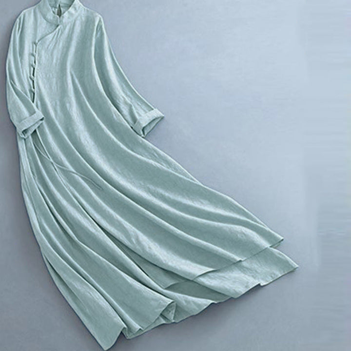 Buddha Stones Frühlings-Midikleid aus Baumwolle und Leinen mit einfarbigem Froschknopf-Design und seitlicher Schnürung - image 13
