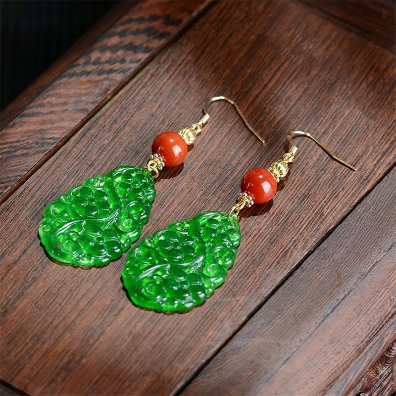 Buddha Stones Wassertropfen Hohlform Jade Rot Achat 925 Sterling Silber Glück Ohrringe - Jade & Roter Achat & Silberpfosten - image 2