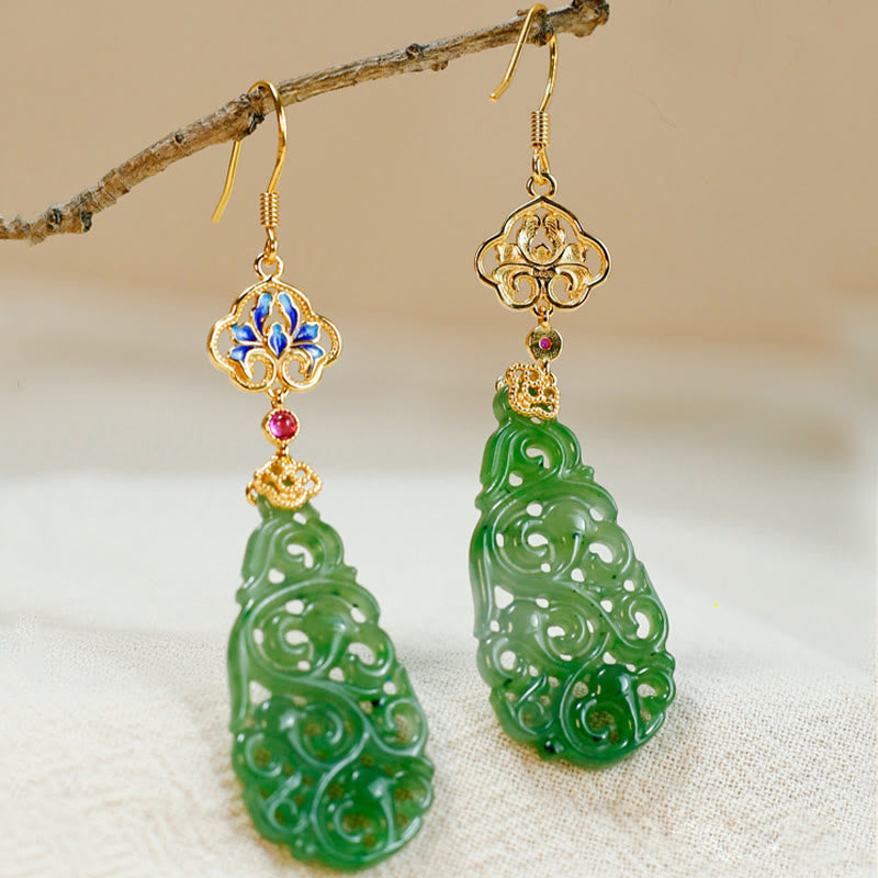 Buddha Stones Hohl Hetian Jade Emaille 925 Sterling Silber Wohlstand Ohrringe - Hetian Jade & Silberpfosten - image 1