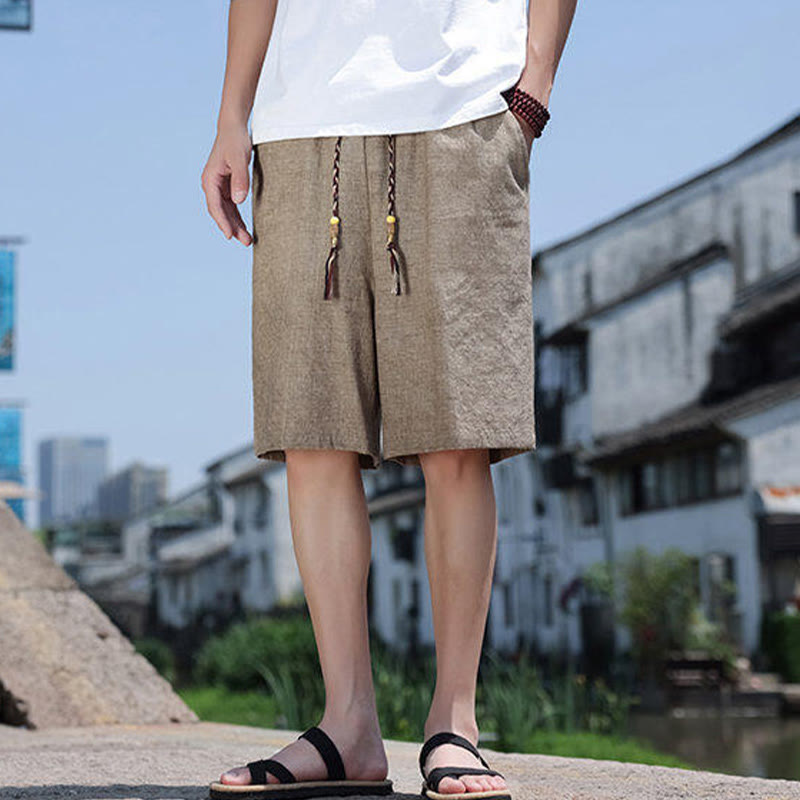 Buddha Stones Weaving Waist Rope Beads Kurze Leinen-Shorts für Herren mit Taschen - image 1