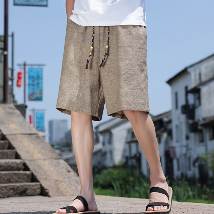 Buddha Stones Weaving Waist Rope Beads Kurze Leinen-Shorts für Herren mit Taschen - image 3