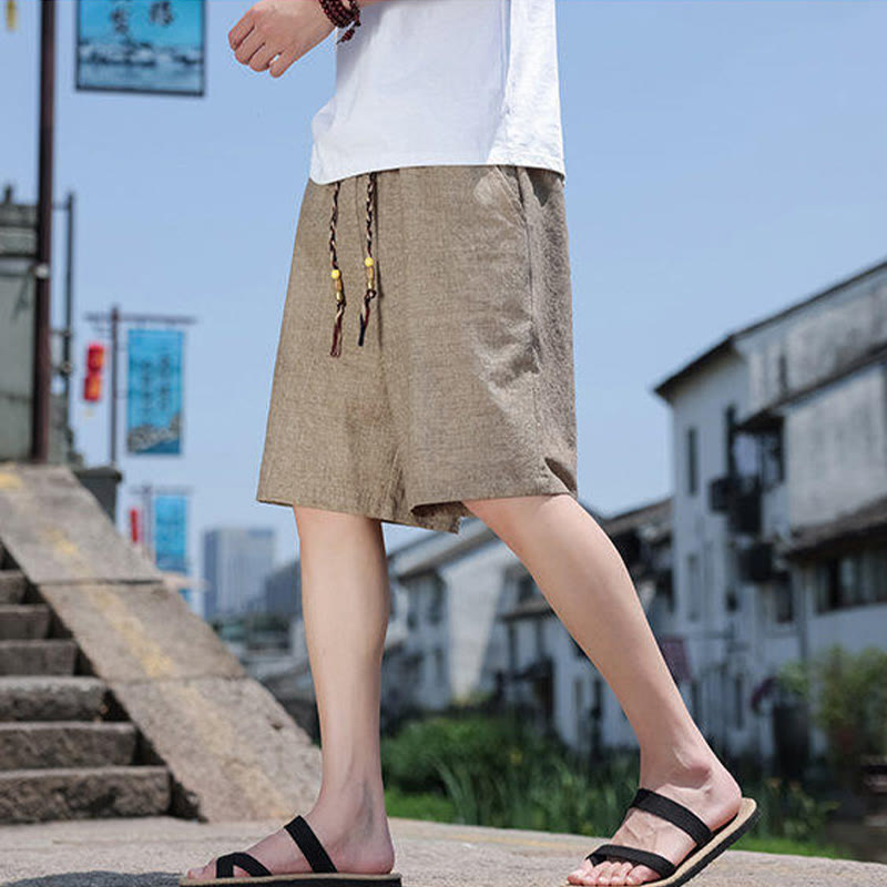 Buddha Stones Weaving Waist Rope Beads Kurze Leinen-Shorts für Herren mit Taschen - image 5