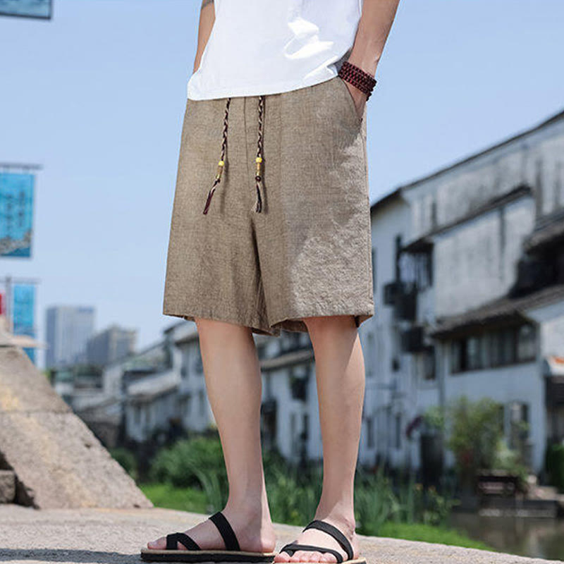 Buddha Stones Weaving Waist Rope Beads Kurze Leinen-Shorts für Herren mit Taschen - Bräunen - US18, UK/AU22, EU50 (5XL) - image 0