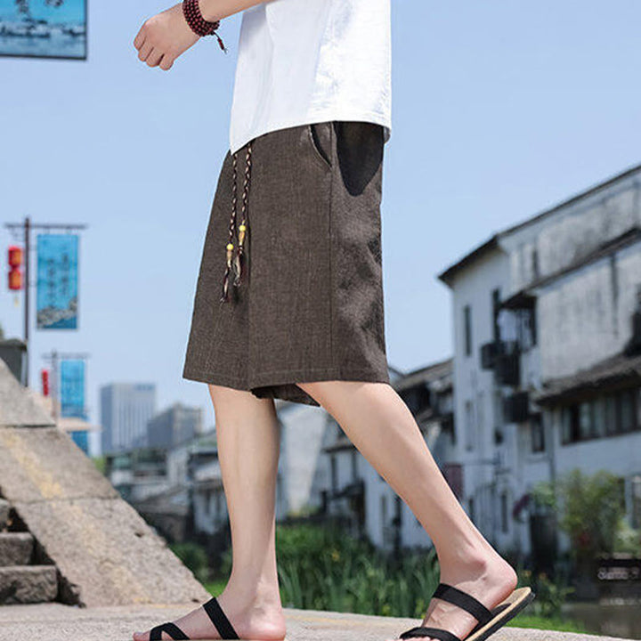 Buddha Stones Weaving Waist Rope Beads Kurze Leinen-Shorts für Herren mit Taschen - image 14