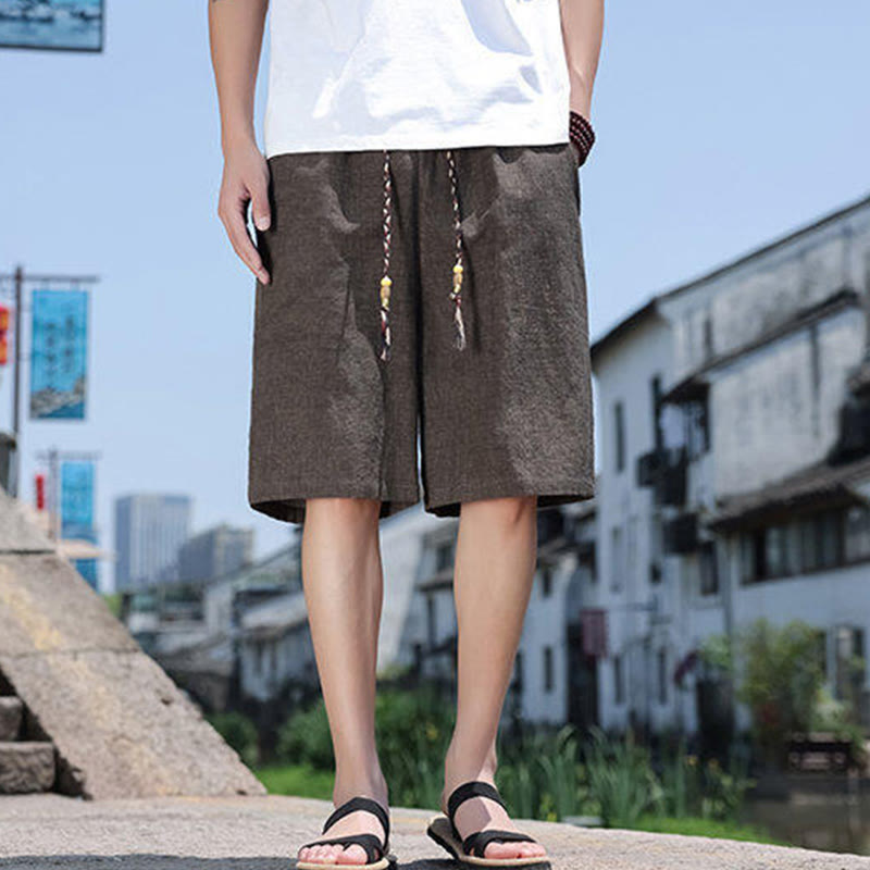 Buddha Stones Weaving Waist Rope Beads Kurze Leinen-Shorts für Herren mit Taschen - Sattelbraun - US18, UK/AU22, EU50 (5XL) - image 7