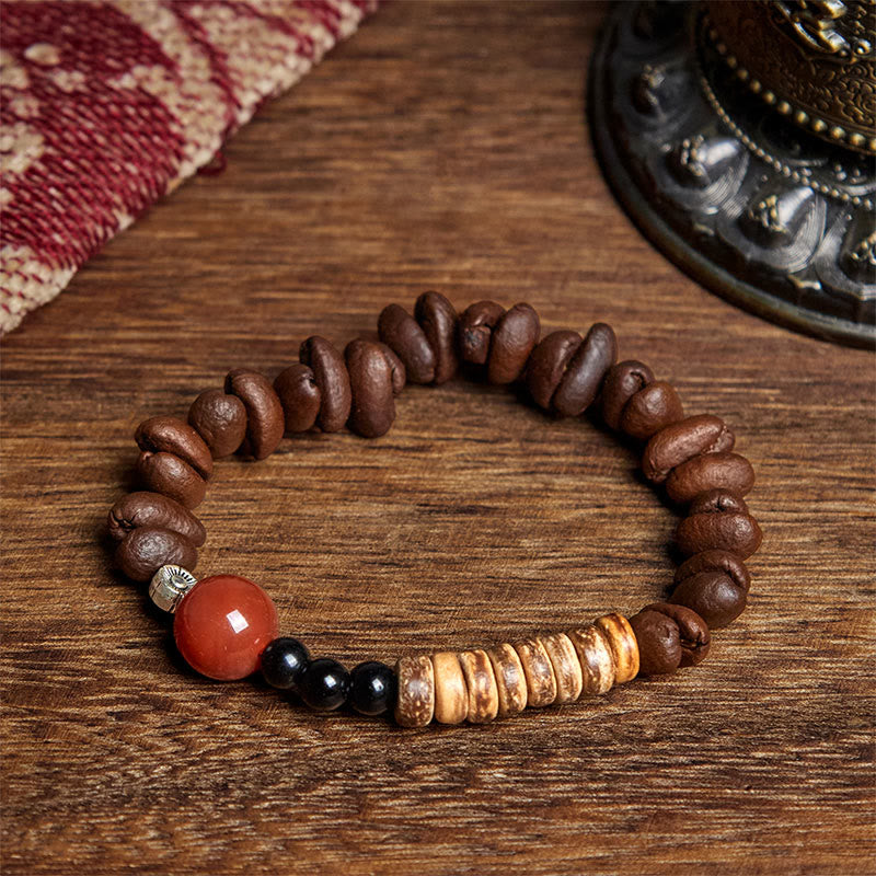 Buddha Stones Armband mit natürlichen Kaffeebohnen, rotem Achat und Kokosnussschalen - image 2