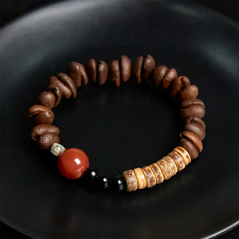 Buddha Stones Armband mit natürlichen Kaffeebohnen, rotem Achat und Kokosnussschalen - image 4