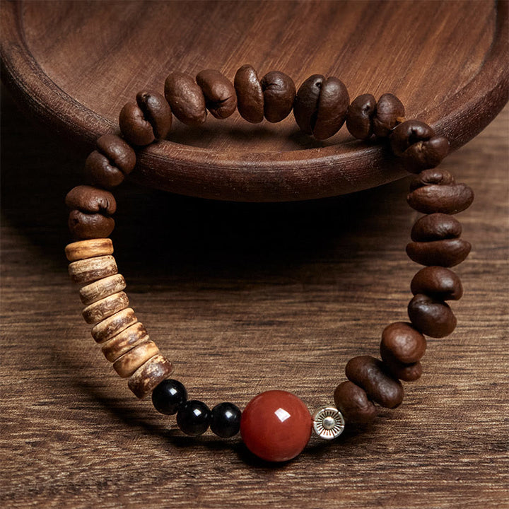 Buddha Stones Armband mit natürlichen Kaffeebohnen, rotem Achat und Kokosnussschalen - image 3