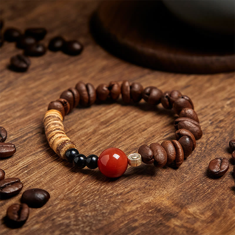 Buddha Stones Armband mit natürlichen Kaffeebohnen, rotem Achat und Kokosnussschalen - Kaffeebohne (Handgelenkumfang: 16 cm) - image 1
