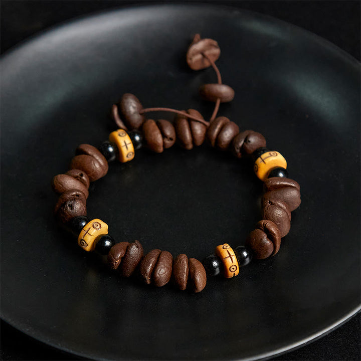 Buddha Stones Armband aus natürlichen Kaffeebohnen und Yakknochenperlen