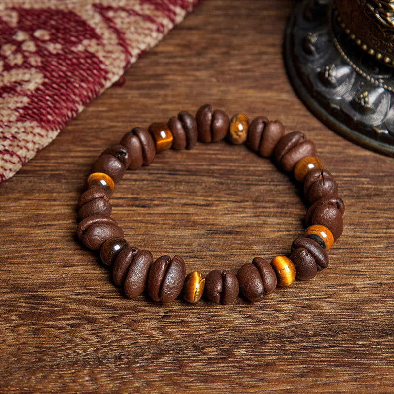 Buddha Stones Armband mit natürlichen Kaffeebohnen, Tigerauge, grauem Jaspis und Lavasteinperlen - Kaffeebohne und Tigerauge (Handgelenkumfang: 16 cm) - image 1