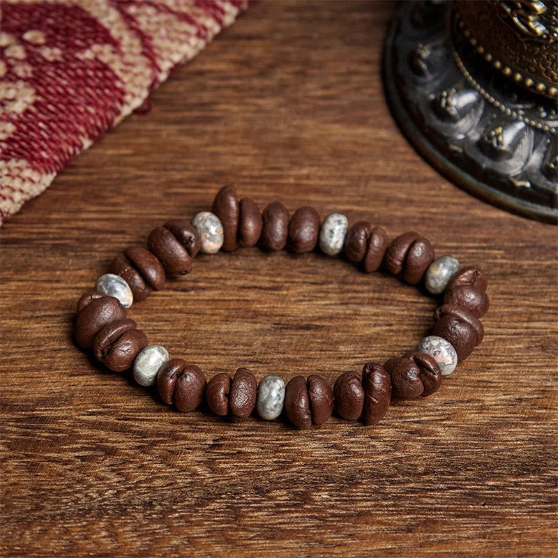 Buddha Stones Armband mit natürlichen Kaffeebohnen, Tigerauge, grauem Jaspis und Lavasteinperlen - Kaffeebohne und grauer Jaspis (Handgelenkumfang: 16 cm) - image 6