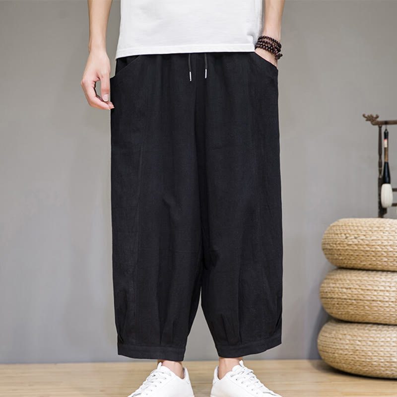 Buddha Stones Lässige, schlichte Herren-Haremshose aus Baumwolle, Länge 7–8, mit Taschen - Schwarz - US/ UK/AU46, EU56 (5XL) - image 18