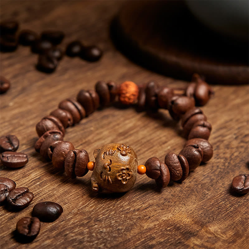 Buddha Stones Handgemachtes Glückskatze-Armband aus echten Kaffeebohnen und Sandelholz - image 3