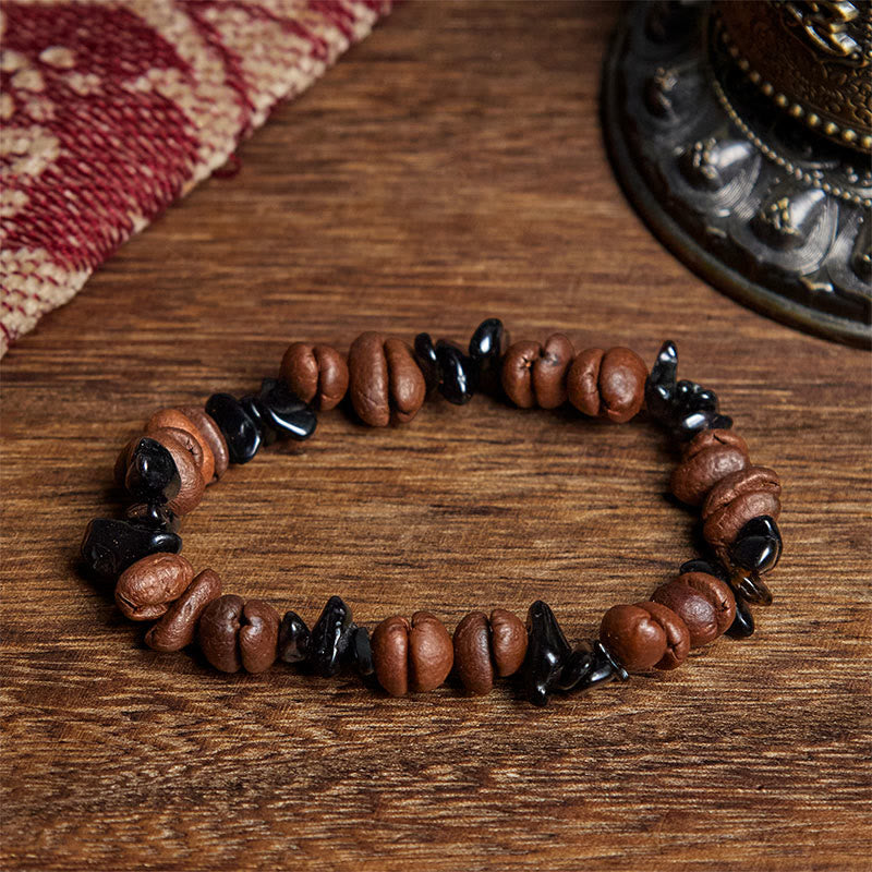 Buddha Stones Armband mit natürlicher Kaffeebohne, schwarzem Obsidian und Rutilquarz - Schwarzer Obsidian (Handgelenkumfang: 17,5 cm) - image 1