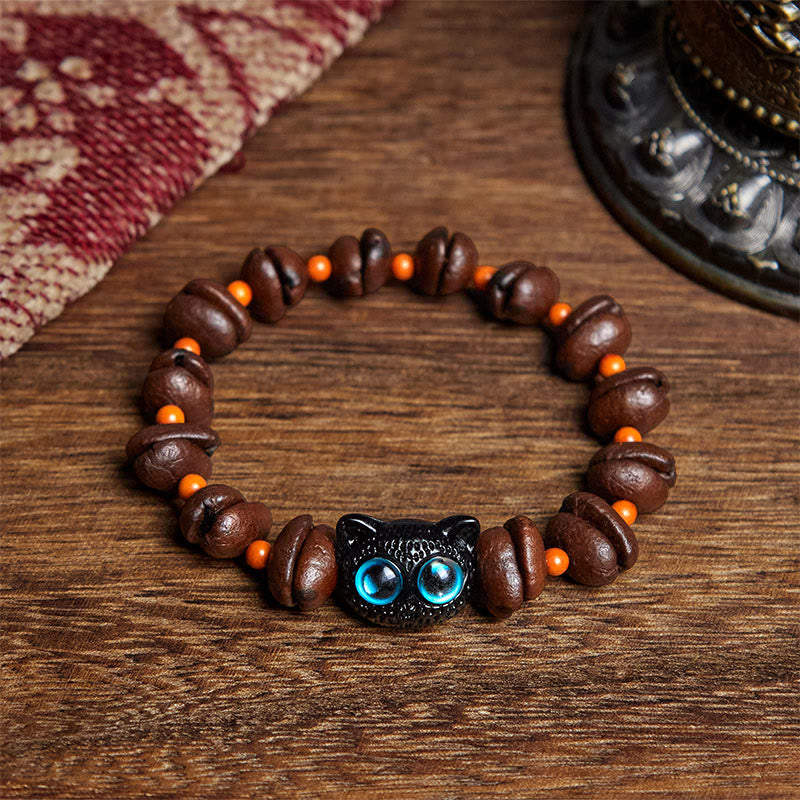 Buddha Stones Natürliches süßes Katzen-Kaffeebohnen-Armband - Blaue Katzenaugen (Handgelenkumfang: 17,5 cm) - image 1