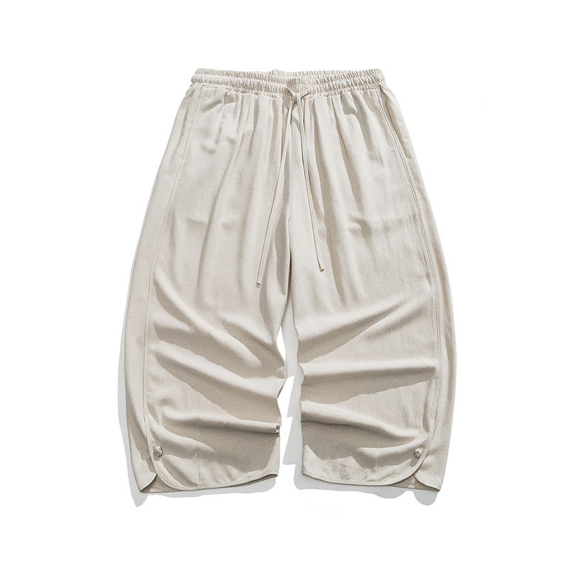 Buddha Stones Lässige, lockere Hose mit Froschknopf, schlichte Herrenhose aus Baumwolle und Leinen in den Längen 7–8 mit Taschen - image 1