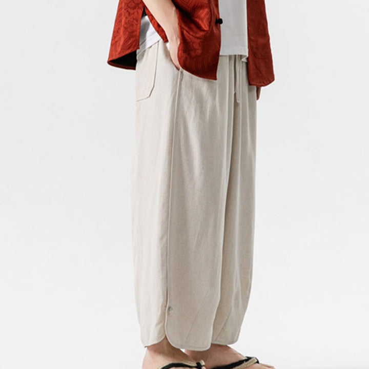 Buddha Stones Lässige, lockere Hose mit Froschknopf, schlichte Herrenhose aus Baumwolle und Leinen in den Längen 7–8 mit Taschen - image 3