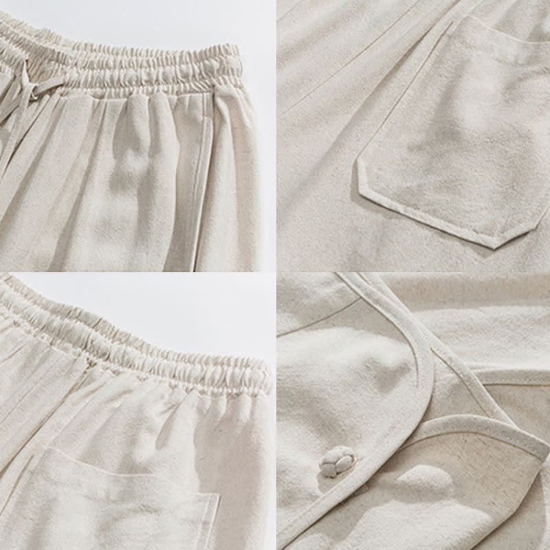 Buddha Stones Lässige, lockere Hose mit Froschknopf, schlichte Herrenhose aus Baumwolle und Leinen in den Längen 7–8 mit Taschen - image 9