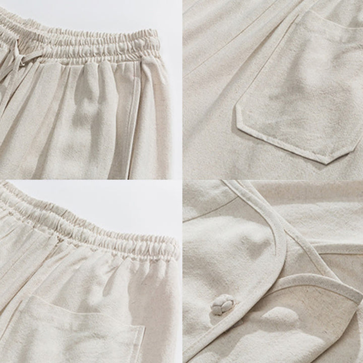 Buddha Stones Lässige, lockere Hose mit Froschknopf, schlichte Herrenhose aus Baumwolle und Leinen in den Längen 7–8 mit Taschen - image 9