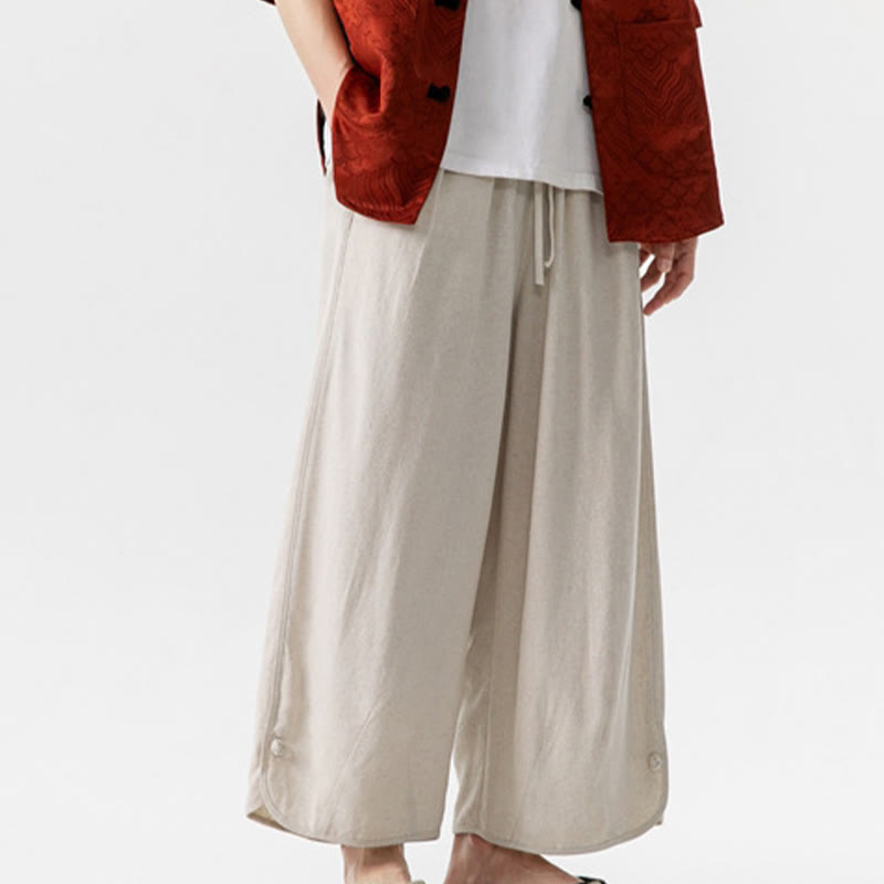Buddha Stones Lässige, lockere Hose mit Froschknopf, schlichte Herrenhose aus Baumwolle und Leinen in den Längen 7–8 mit Taschen - image 5