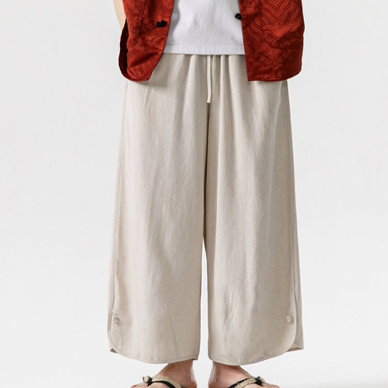 Buddha Stones Lässige, lockere Hose mit Froschknopf, schlichte Herrenhose aus Baumwolle und Leinen in den Längen 7–8 mit Taschen - image 6