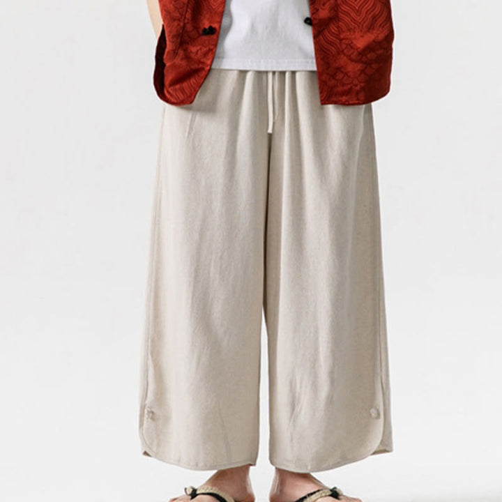 Buddha Stones Lässige, lockere Hose mit Froschknopf, schlichte Herrenhose aus Baumwolle und Leinen in den Längen 7–8 mit Taschen - image 6
