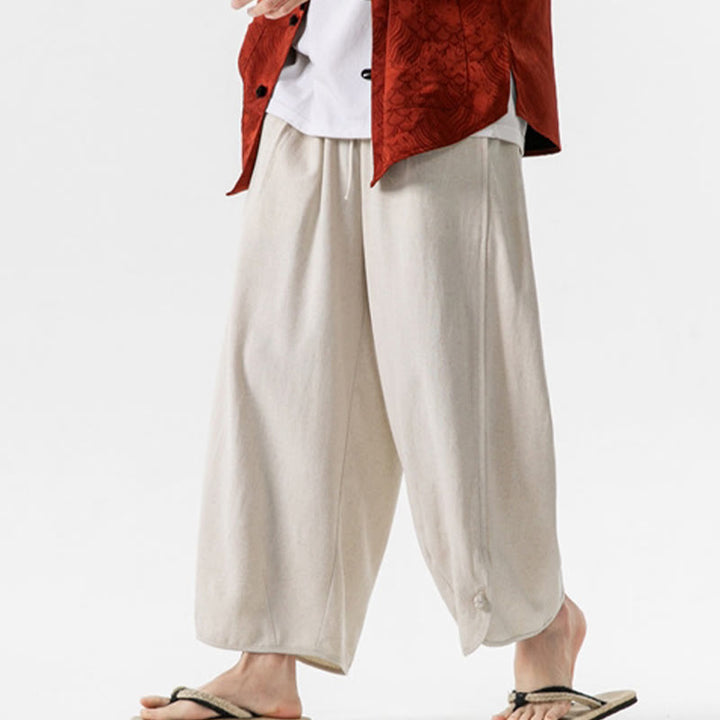 Buddha Stones Lässige, lockere Hose mit Froschknopf, schlichte Herrenhose aus Baumwolle und Leinen in den Längen 7–8 mit Taschen - image 8