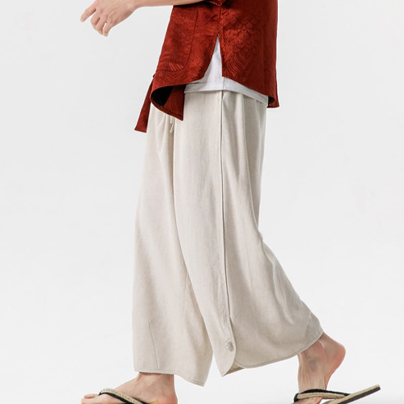 Buddha Stones Lässige, lockere Hose mit Froschknopf, schlichte Herrenhose aus Baumwolle und Leinen in den Längen 7–8 mit Taschen - image 2