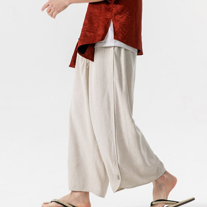Buddha Stones Lässige, lockere Hose mit Froschknopf, schlichte Herrenhose aus Baumwolle und Leinen in den Längen 7–8 mit Taschen - image 3