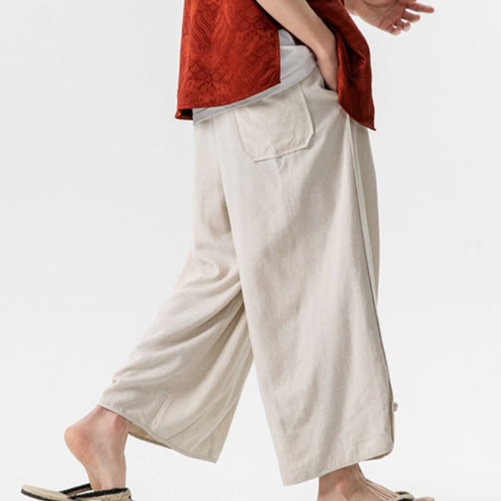 Buddha Stones Lässige, lockere Hose mit Froschknopf, schlichte Herrenhose aus Baumwolle und Leinen in den Längen 7–8 mit Taschen - image 5