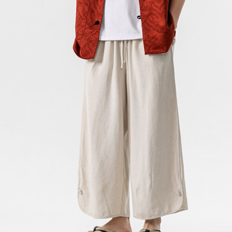 Buddha Stones Lässige, lockere Hose mit Froschknopf, schlichte Herrenhose aus Baumwolle und Leinen in den Längen 7–8 mit Taschen - Beige - US/ UK/AU46, EU56 (5XL) - image 0