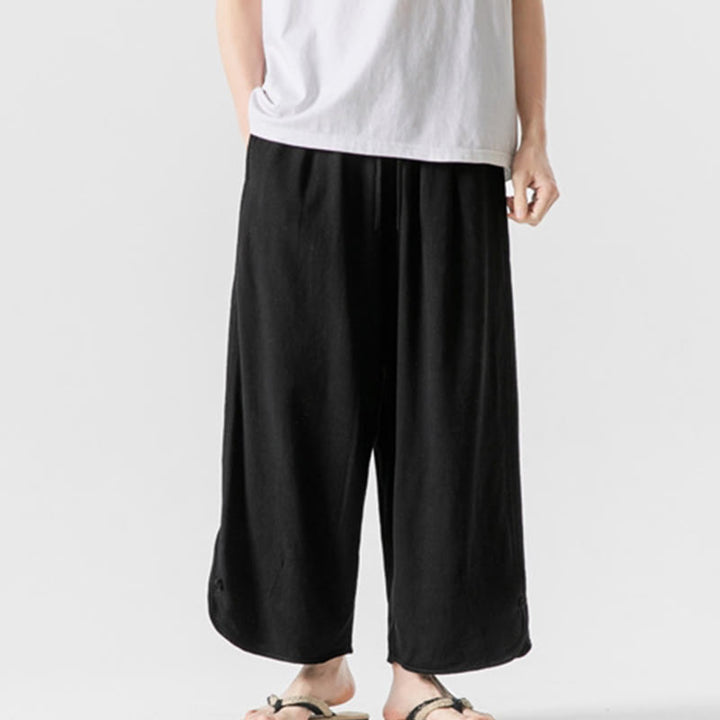 Buddha Stones Lässige, lockere Hose mit Froschknopf, schlichte Herrenhose aus Baumwolle und Leinen in den Längen 7–8 mit Taschen - Schwarz - US/ UK/AU46, EU56 (5XL) - image 11