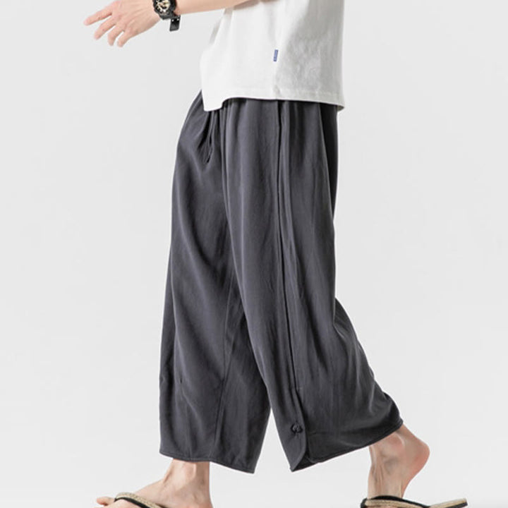 Buddha Stones Lässige, lockere Hose mit Froschknopf, schlichte Herrenhose aus Baumwolle und Leinen in den Längen 7–8 mit Taschen - image 36
