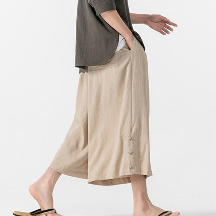 Buddha Stones Lässige, lockere Hose mit Froschknopf, schlichte Herrenhose aus Baumwolle, Länge 7–8, weites Bein, mit Taschen - image 7