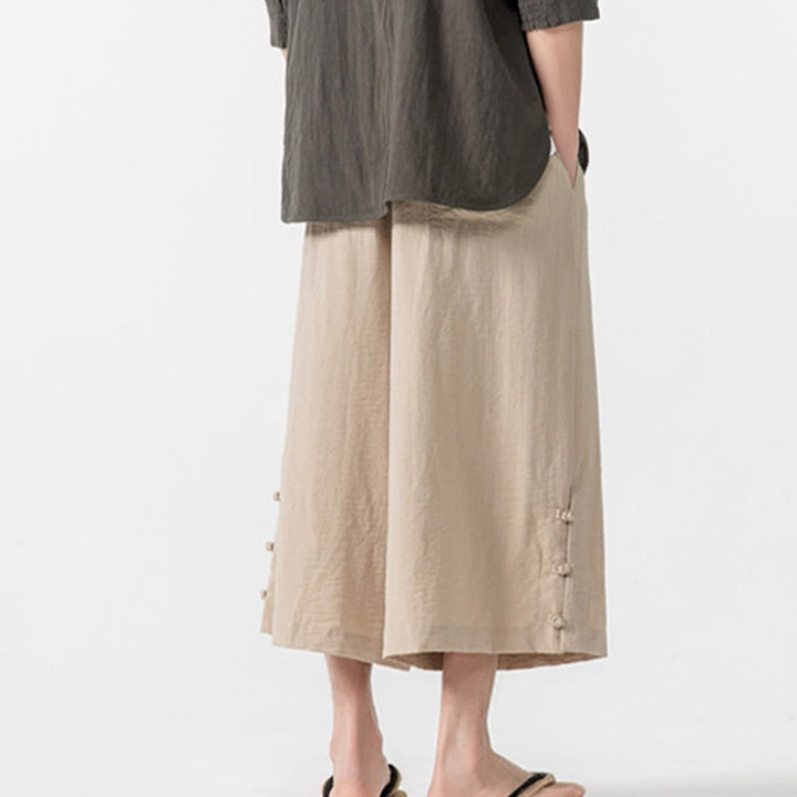 Buddha Stones Lässige, lockere Hose mit Froschknopf, schlichte Herrenhose aus Baumwolle, Länge 7–8, weites Bein, mit Taschen - image 4